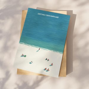 Greetings from Maryland Postcard, Lazy Beach Days Watercolor Art, Oceanfront Summer Scene, Coastal 4x6 Card, Maryland Souvenir & Gift