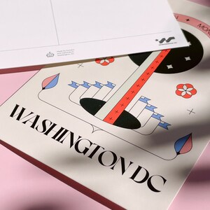 The Washington Monument postcard featuring a modern hand-drawn illustration. Elegant 4x6 postcard with National Mall artwork, perfect for collectors, postcrossing, and travel souvenirs.