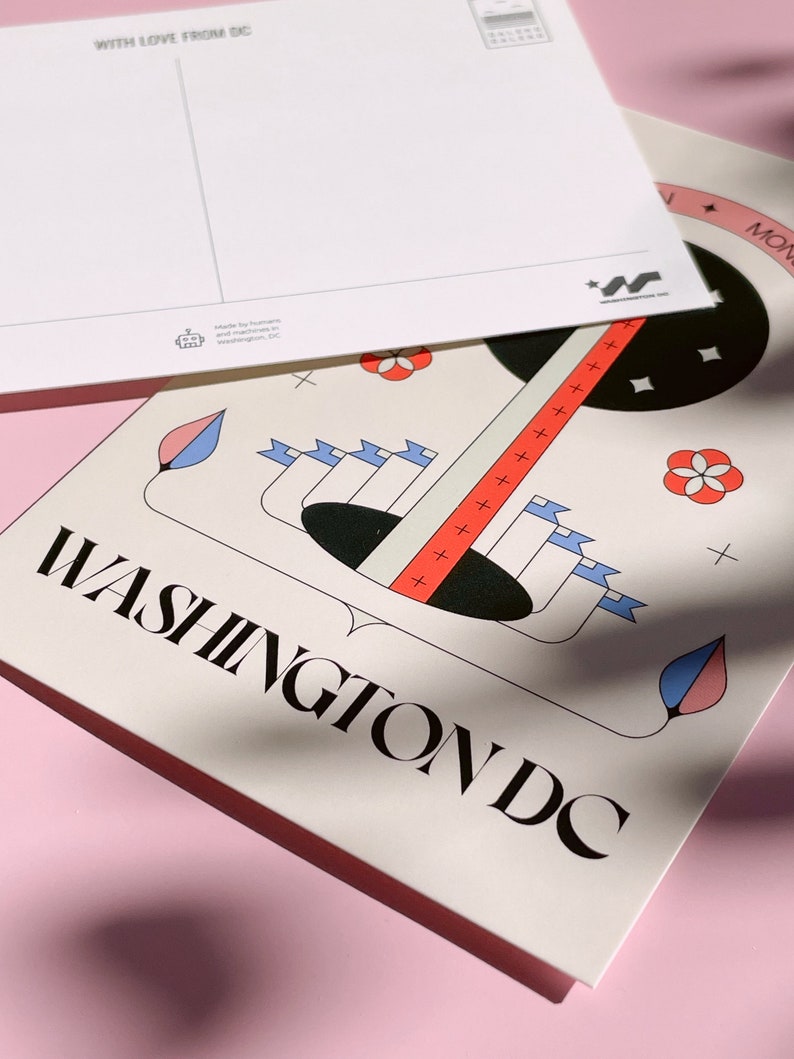 The Washington Monument postcard featuring a modern hand-drawn illustration. Elegant 4x6 postcard with National Mall artwork, perfect for collectors, postcrossing, and travel souvenirs.