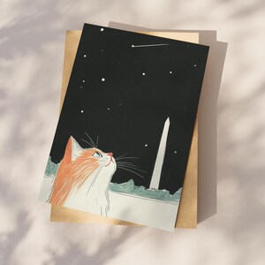 Hand-drawn Washington DC postcard featuring a cozy cat under the Washington Monument at night with a comet in the sky. Perfect DC souvenir, gift, or collectible for cat lovers, stargazers, and fans of unique illustration art