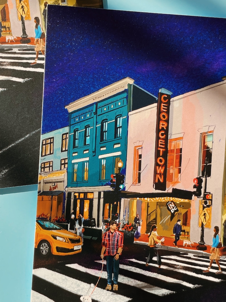 Georgetown Washington DC postcard featuring an iconic neon sign and vibrant street scene, perfect souvenir or gift for postcrossers, DC lovers, and collectors.