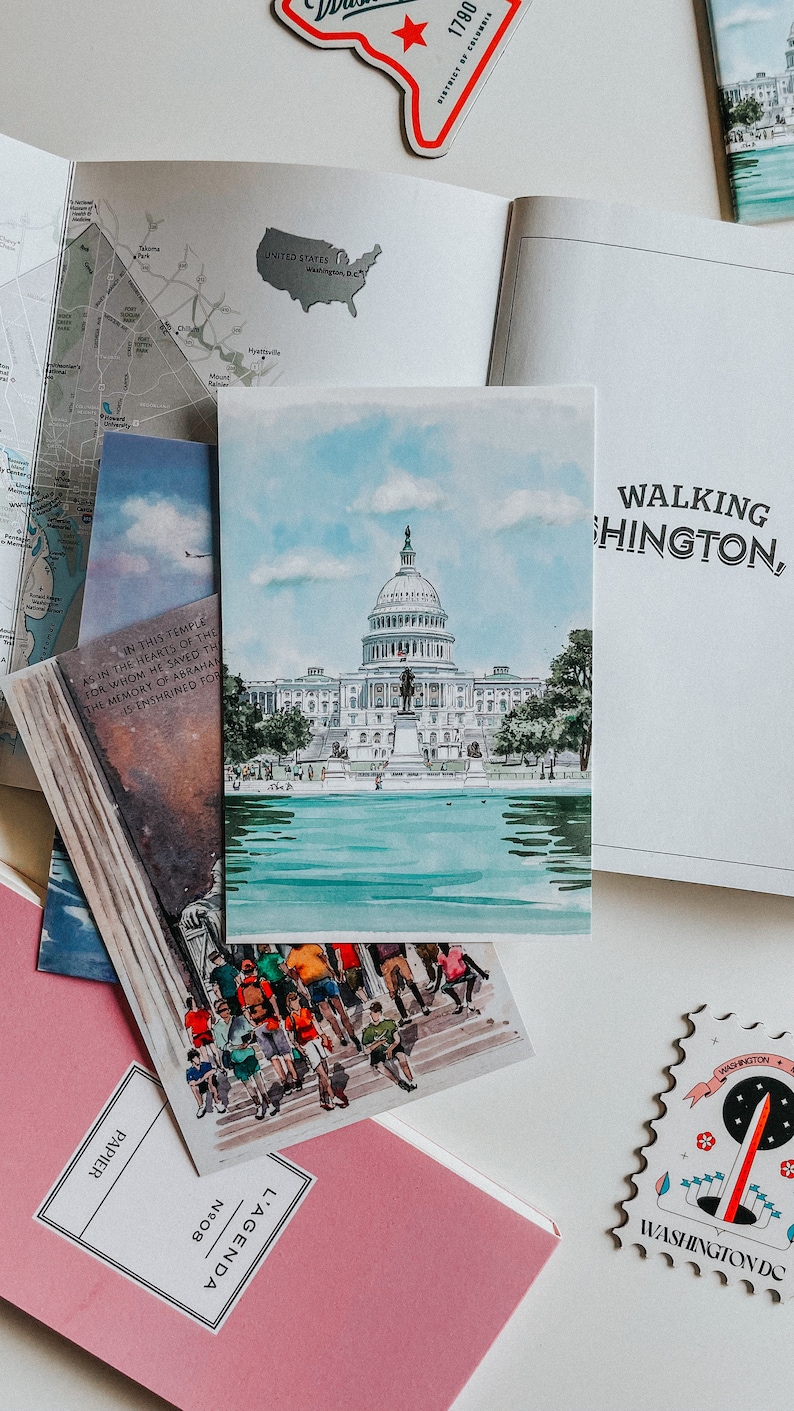 Hand-Drawn Washington DC Postcard, US Capitol Building Art, Unique Washington DC Gift And Souvenir, Modern 4x6 Illustration Postcard. Hand-drawn art, watercolor illustration, perfect gift or souvenir for postcrossers and collectors