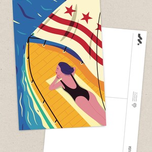 Modern Washington DC postcard featuring a girl yachting on the Potomac River under the DC flag, stylish vector art, souvenir, sailing-themed 4x6 postcard