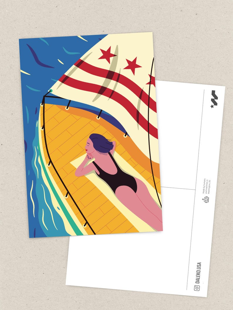 Modern Washington DC postcard featuring a girl yachting on the Potomac River under the DC flag, stylish vector art, souvenir, sailing-themed 4x6 postcard