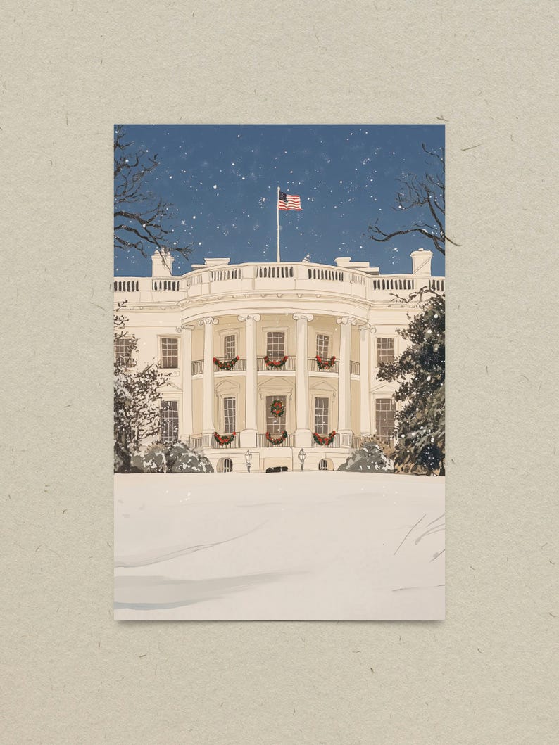 Washington DC Christmas postcard featuring a festive gouache illustration of the White House covered in snow and decorated for the holidays. A perfect DC winter souvenir, holiday greeting card, or collectible art print for Christmas decor lovers, Washington DC travelers, White House history buffs, and postcard collectors. Printed on premium 4x6 matte cardstock with high-resolution festive artwork. Designed and made in the USA.
