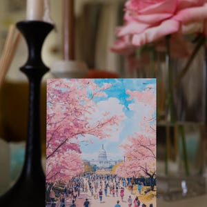 Washington DC Postcard, Hand-Drawn Cherry Blossom Greeting Card