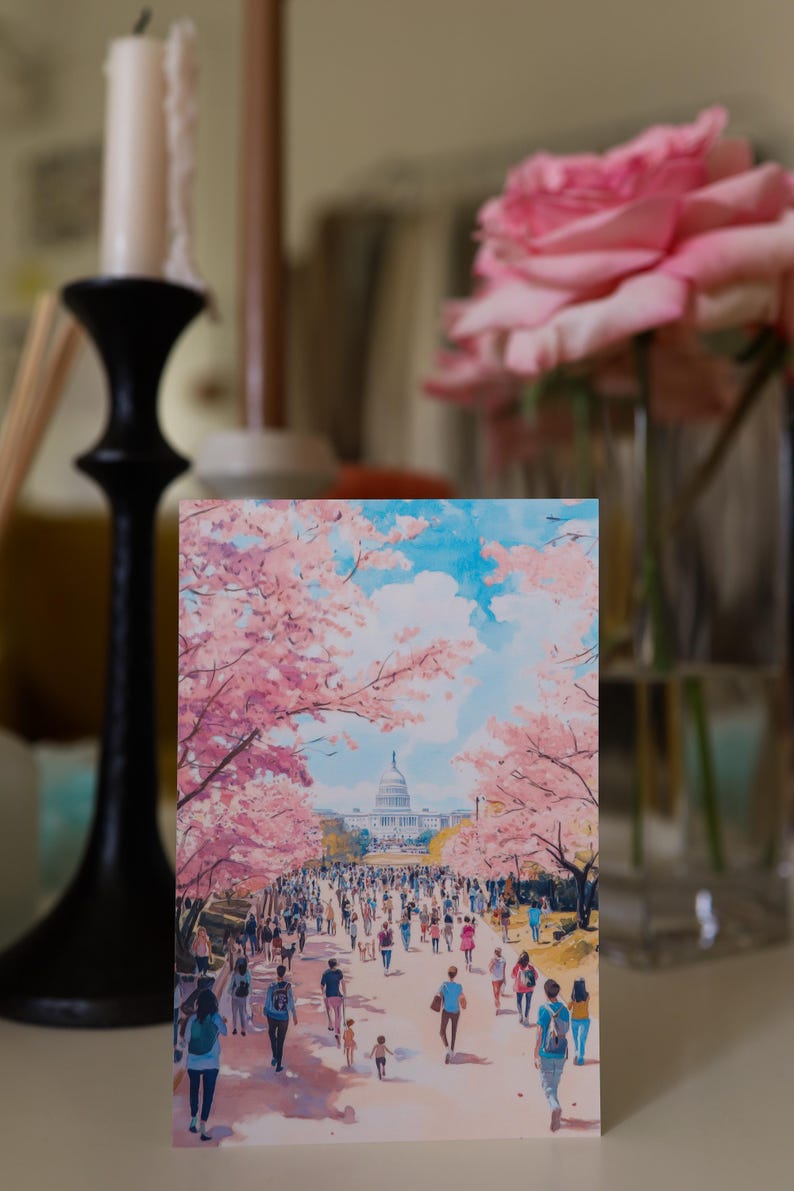 Washington DC Postcard, Hand-Drawn Cherry Blossom Greeting Card
