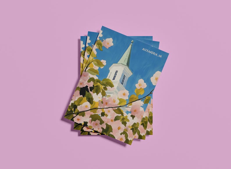 Watercolor illustration of cherry blossom trees in Old Town Alexandria, Virginia. A charming spring scene with soft pink blooms, historic streets, and a touch of whimsy. Perfect for DC Metro area souvenirs and floral art lovers.