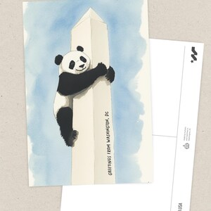 Washington DC postcard featuring a whimsical illustration of a giant panda climbing The Washington Monument. A fun and charming souvenir celebrating the return of pandas to DC. Perfect gift for panda lovers, Washingtonians and Washington, DC enthusiasts!
