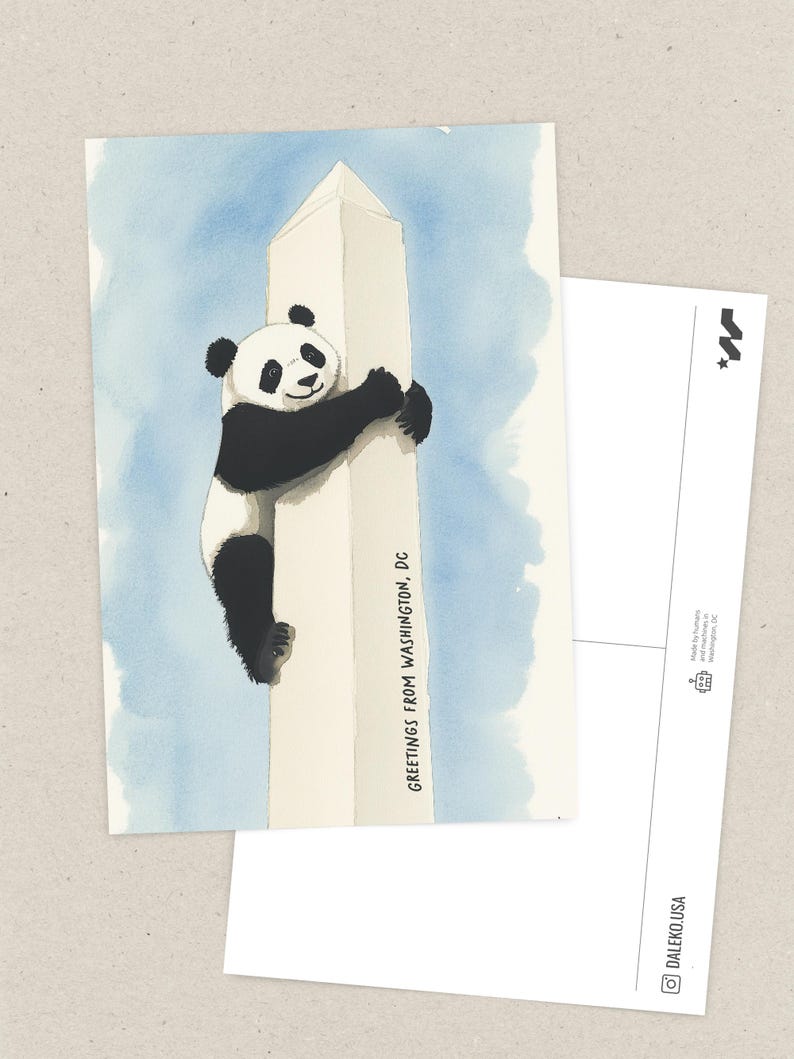 Washington DC postcard featuring a whimsical illustration of a giant panda climbing The Washington Monument. A fun and charming souvenir celebrating the return of pandas to DC. Perfect gift for panda lovers, Washingtonians and Washington, DC enthusiasts!