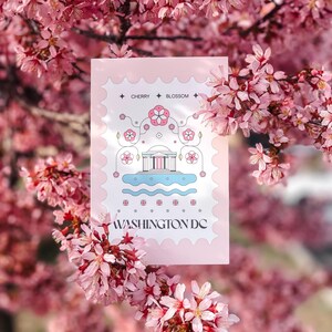 Washington DC cherry blossom postcard featuring a postage stamp design with the Jefferson Memorial and Tidal Basin in peak bloom. A perfect Washington DC souvenir, travel keepsake, and unique postcard for cherry blossom lovers, Washington DC tourists, and postcrossers.