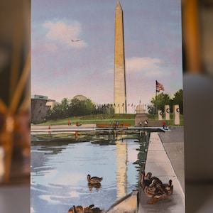 Hand-painted watercolor and pen illustration postcard of The Washington Monument in Washington, DC, featuring a charming duck family swimming in the Reflecting Pool. A whimsical and artistic postcard, perfect as a DC travel souvenir or gift for nature lovers.