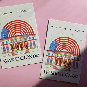 Modern Washington DC postcard featuring illustration of The White House with American flag. Elegant 4x6 USA travel postcard, perfect for Washington DC tourists, DC locals, collectors, post crossers, and travel souvenirs collectors.