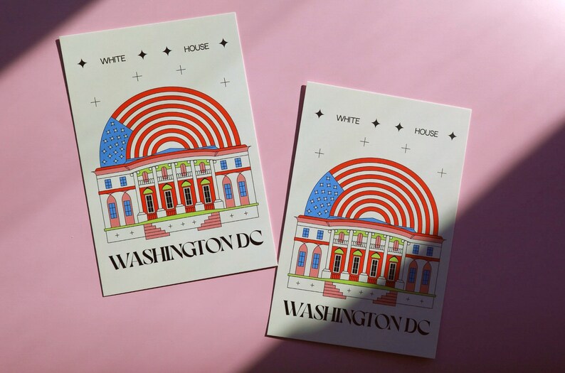 Modern Washington DC postcard featuring illustration of The White House with American flag. Elegant 4x6 USA travel postcard, perfect for Washington DC tourists, DC locals, collectors, post crossers, and travel souvenirs collectors.