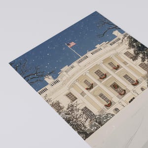 Washington DC Christmas postcard featuring a festive gouache illustration of the White House covered in snow and decorated for the holidays. A perfect DC winter souvenir, holiday greeting card, or collectible art print for Christmas decor lovers, Washington DC travelers, White House history buffs, and postcard collectors. Printed on premium 4x6 matte cardstock with high-resolution festive artwork. Designed and made in the USA.