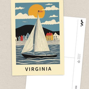 Whimsical Virginia sailboat postcard featuring a nautical watercolor illustration of a yacht on the ocean. Chesapeake Bay and Virginia Beach travel souvenir. Coastal home decor, seaside gift, sailing adventure print, and maritime art keepsake