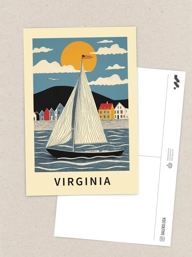 Whimsical Virginia sailboat postcard featuring a nautical watercolor illustration of a yacht on the ocean. Chesapeake Bay and Virginia Beach travel souvenir. Coastal home decor, seaside gift, sailing adventure print, and maritime art keepsake