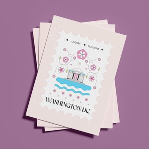 Washington DC cherry blossom postcard featuring a postage stamp design with the Jefferson Memorial and Tidal Basin in peak bloom. A perfect Washington DC souvenir, travel keepsake, and unique 4x6 postcard for cherry blossom lovers and postcrossers.