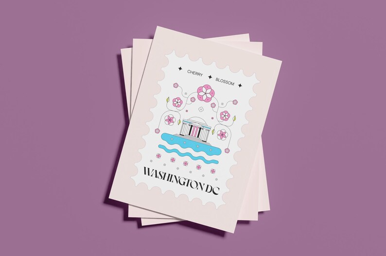 Washington DC cherry blossom postcard featuring a postage stamp design with the Jefferson Memorial and Tidal Basin in peak bloom. A perfect Washington DC souvenir, travel keepsake, and unique 4x6 postcard for cherry blossom lovers and postcrossers.