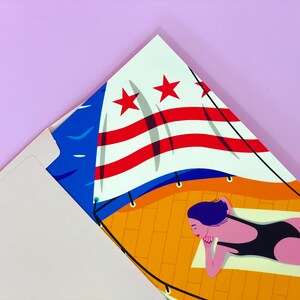 Modern Washington DC postcard featuring a girl yachting on the Potomac River under the DC flag, stylish vector art, souvenir, sailing-themed 4x6 postcard