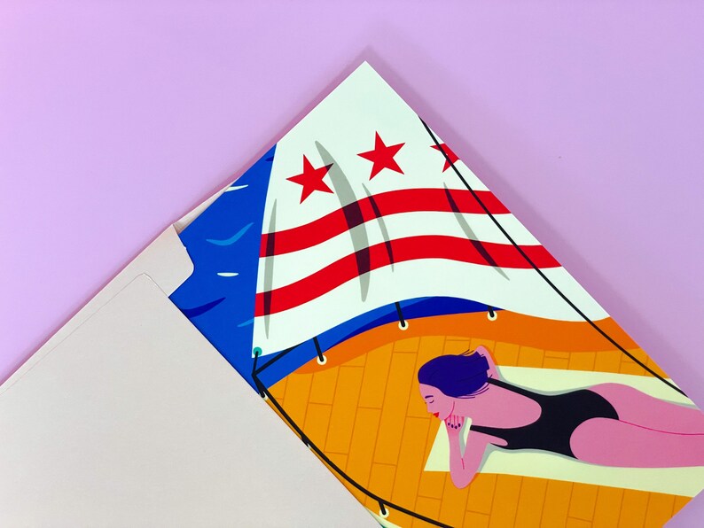 Modern Washington DC postcard featuring a girl yachting on the Potomac River under the DC flag, stylish vector art, souvenir, sailing-themed 4x6 postcard