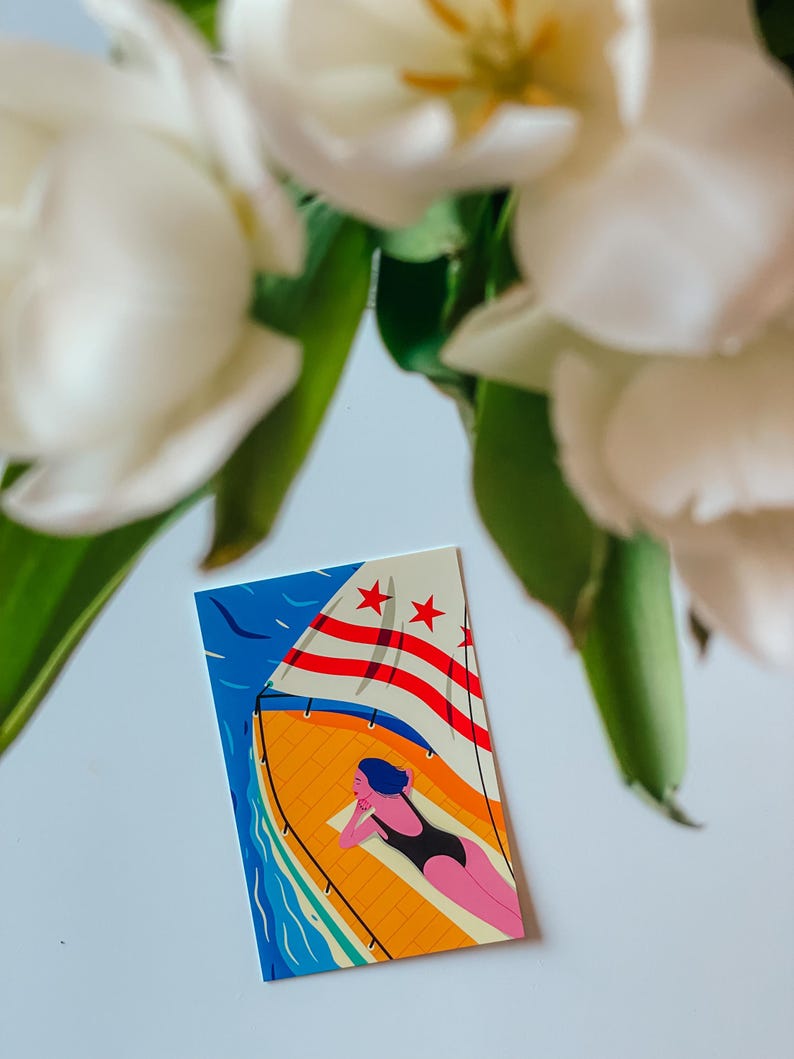 Modern Washington DC postcard featuring a girl yachting on the Potomac River under the DC flag, stylish vector art, souvenir, sailing-themed 4x6 postcard