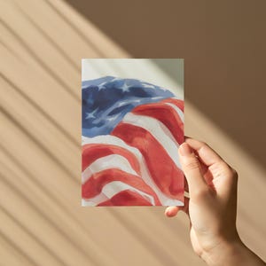 Watercolor American Flag Postcard, Happy 4th of July Greeting Card, USA Flag Postcard for July 4th, Memorial Day, Veterans Day