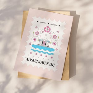 Washington DC cherry blossom postcard featuring a postage stamp design with the Jefferson Memorial and Tidal Basin in peak bloom. A perfect Washington DC souvenir, travel keepsake, and unique 4x6 postcard for cherry blossom lovers and postcrossers.