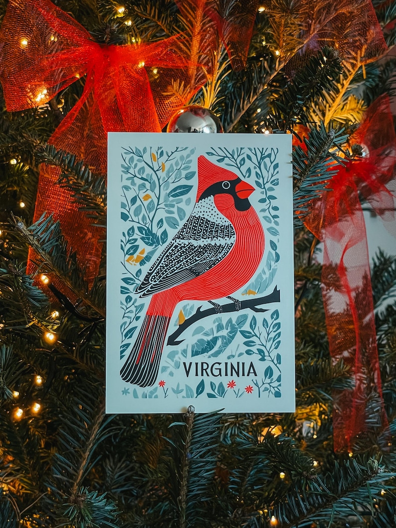 Virginia postcard featuring a state symbol — red cardinal bird. A perfect 4x6" Virginia souvenir for nature lovers, posrcrossers, snail mail lovers, bird watchers, and wildlife enthusiasts. Printed on premium matte cardstock, capturing the serene beauty of Virginia’s waterways. Wonderful watercolor postcard for mailing.