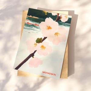 Cartão postal de flor de cerejeira de Washington DC, arte de Georgetown DC, caiaques no Rio Potomac, presente e lembrança exclusivos de cerejeira de Washington DC, cartão postal 4x6