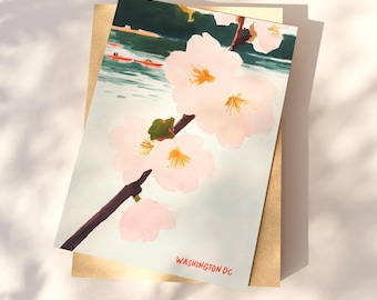 Cartão postal de flor de cerejeira de Washington DC, arte de Georgetown DC, caiaques no Rio Potomac, presente e lembrança exclusivos de cerejeira de Washington DC, cartão postal 4x6