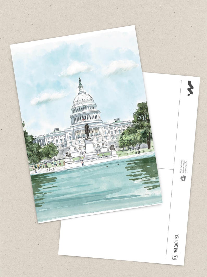 Hand-drawn Washington DC postcard featuring the US Capitol Building. Elegant 4x6 postcard with watercolor-style artwork, perfect for collectors, postcrossing, and travel souvenirs.