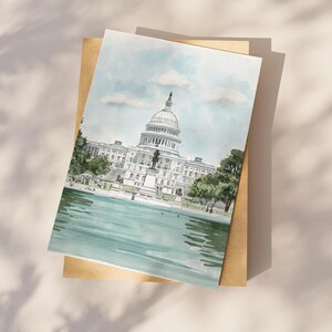 Hand-drawn Washington DC postcard featuring the US Capitol Building. Elegant 4x6 postcard with watercolor-style artwork, perfect for collectors, postcrossing, and travel souvenirs.