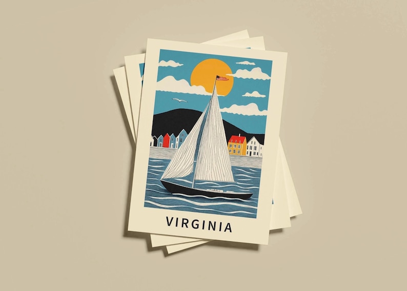 Whimsical Virginia sailboat postcard featuring a nautical watercolor illustration of a yacht on the ocean. Chesapeake Bay and Virginia Beach travel souvenir. Coastal home decor, seaside gift, sailing adventure print, and maritime art keepsake