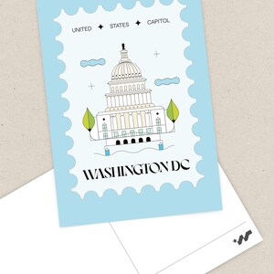 Modern minimalist Washington DC postcard featuring a postage stamp-inspired illustration of the US Capitol on a sky-blue background. A stylish and unique travel souvenir, political art print, or collector’s item. High-quality 4x6 postcard, perfect for sending or displaying