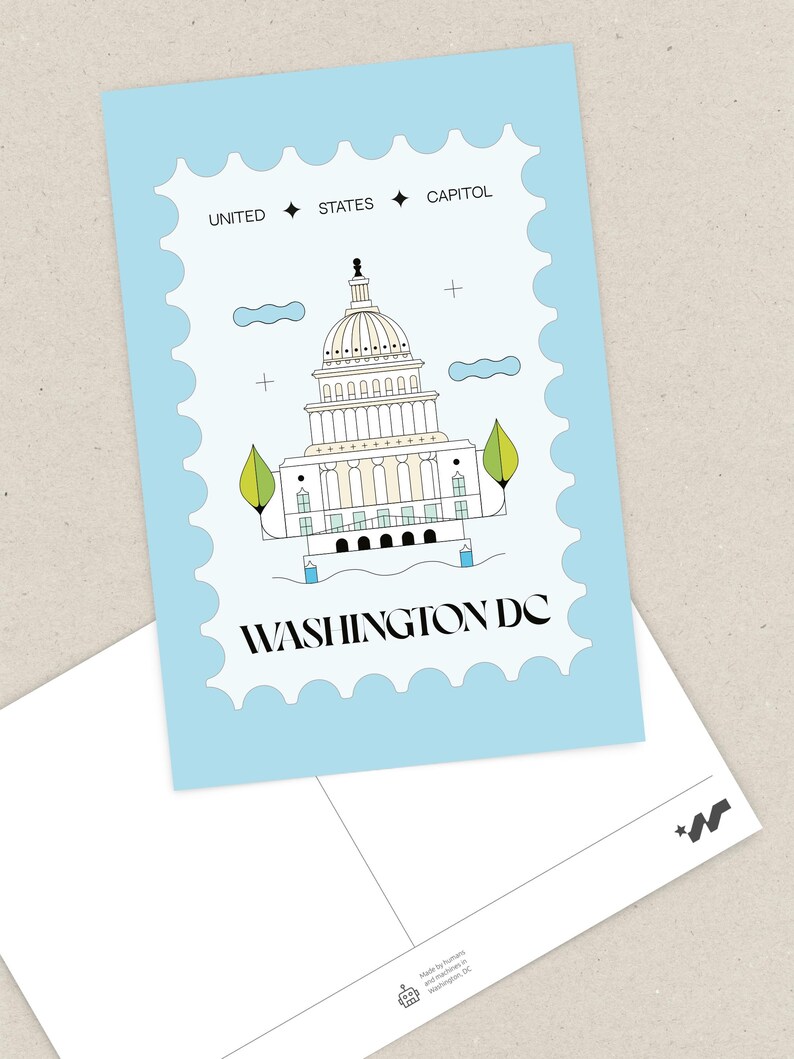 Modern minimalist Washington DC postcard featuring a postage stamp-inspired illustration of the US Capitol on a sky-blue background. A stylish and unique travel souvenir, political art print, or collector’s item. High-quality 4x6 postcard, perfect for sending or displaying
