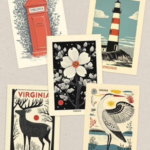 Zestaw pocztówek Virginia, Explore Virginia (zestaw pięciu pocztówek 4x6), Virginia Art, pocztówki przyrodnicze, prezent i pamiątka z podróży do USA