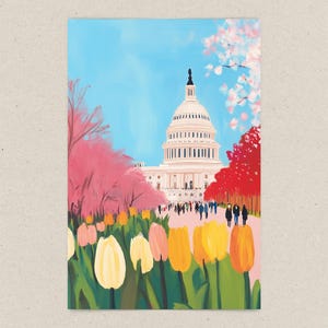 Vibrant cherry blossom art postcard with The US Capitol surrounded by flowers and cherry blossom trees, a unique Washington DC souvenir for spring lovers, cherry blossom postcard perfect for gifts or decor
