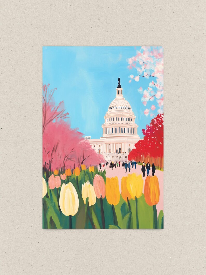 Vibrant cherry blossom art postcard with The US Capitol surrounded by flowers and cherry blossom trees, a unique Washington DC souvenir for spring lovers, cherry blossom postcard perfect for gifts or decor