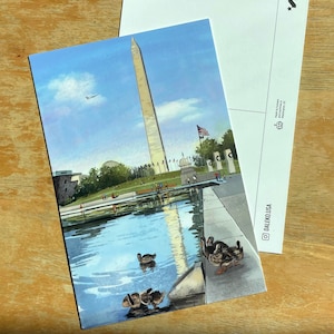 Hand-painted watercolor and pen illustration postcard of The Washington Monument in Washington, DC, featuring a charming duck family swimming in the Reflecting Pool. A whimsical and artistic postcard, perfect as a DC travel souvenir or gift for nature lovers.