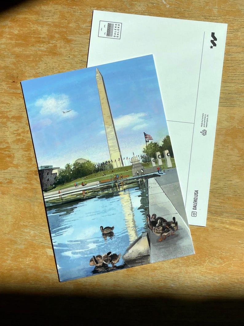 Hand-painted watercolor and pen illustration postcard of The Washington Monument in Washington, DC, featuring a charming duck family swimming in the Reflecting Pool. A whimsical and artistic postcard, perfect as a DC travel souvenir or gift for nature lovers.