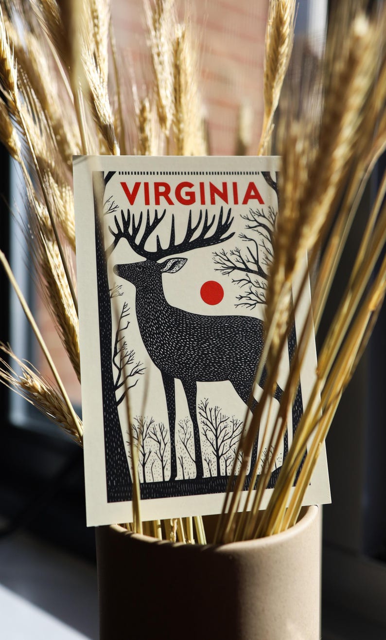 Virginia postcard featuring a graceful deer in the wilderness of Shenandoah National Park. A charming 4x6" Virginia souvenir for nature lovers, wildlife enthusiasts, and those who adore the beauty of the great outdoors. Printed on premium matte cardstock for a timeless touch.