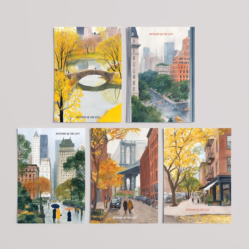 Set of 5 watercolor New York postcards capturing autumn in the city: Central Park fall foliage, Dumbo with Manhattan Bridge, Soho streetscape, Park Avenue rainy scene, and cozy NYC autumn vibes. Perfect for NYC souvenirs, travel gifts, stationery fans, or autumn lovers.