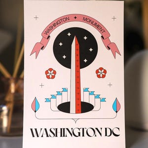 The Washington Monument postcard featuring a modern hand-drawn illustration, National Mall souvenir, Washington DC art, perfect for collectors and postcrossers.