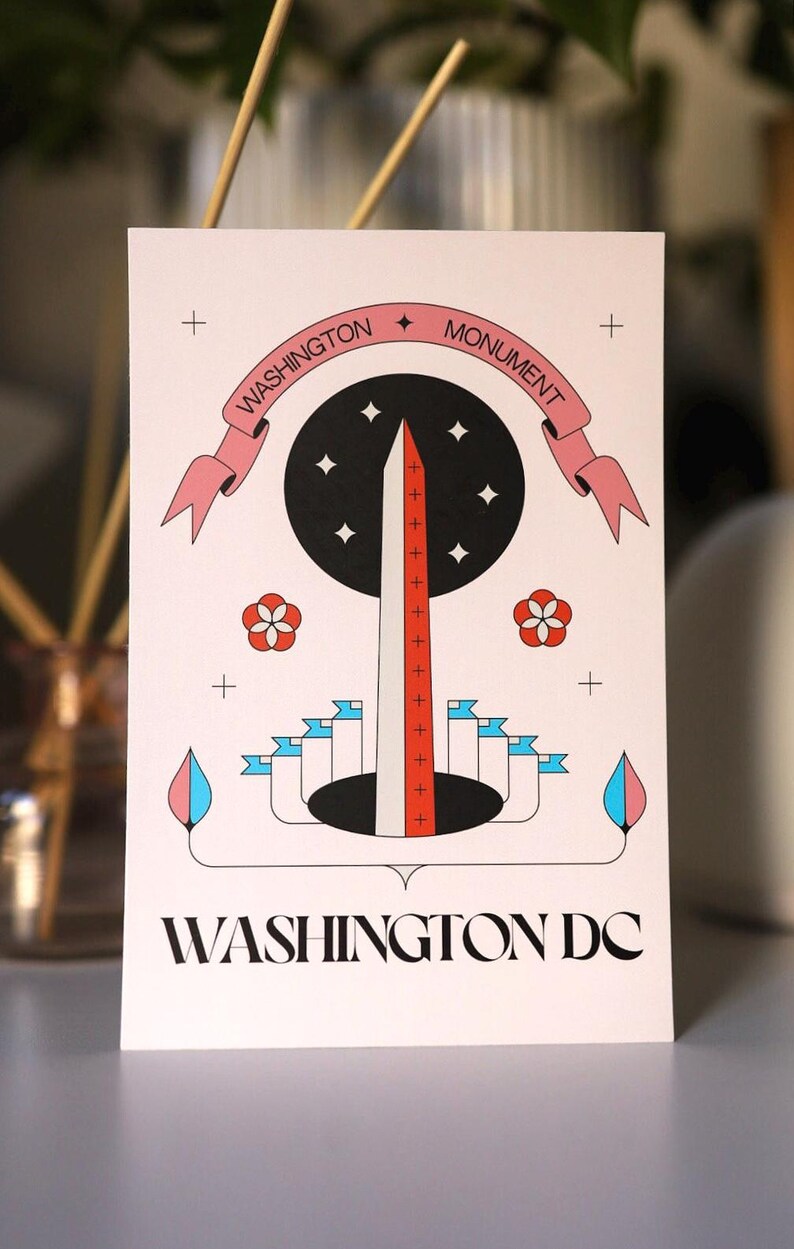 The Washington Monument postcard featuring a modern hand-drawn illustration, National Mall souvenir, Washington DC art, perfect for collectors and postcrossers.