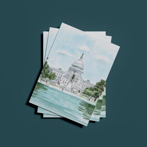 Hand-Drawn Washington DC Postcard, US Capitol Building Art, Unique Washington DC Gift And Souvenir, Modern 4x6 Illustration Postcard. Hand-drawn art, watercolor illustration, perfect gift or souvenir for postcrossers and collectors