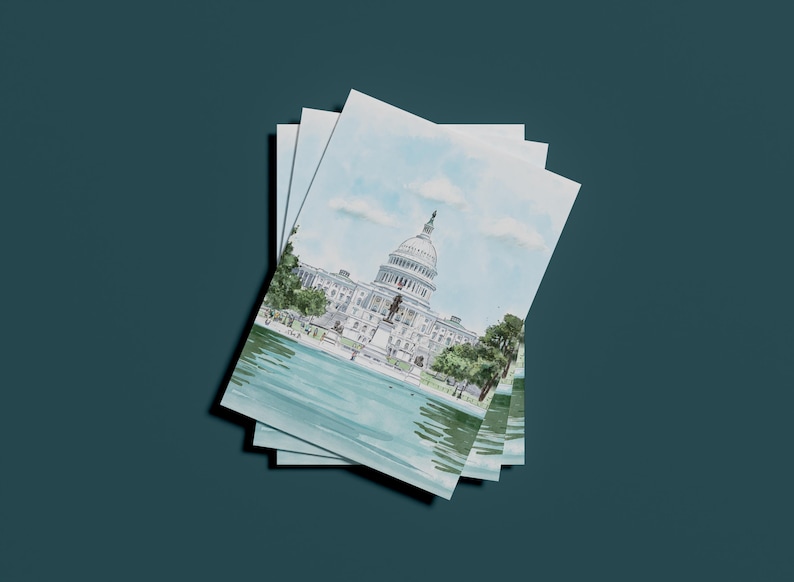 Hand-Drawn Washington DC Postcard, US Capitol Building Art, Unique Washington DC Gift And Souvenir, Modern 4x6 Illustration Postcard. Hand-drawn art, watercolor illustration, perfect gift or souvenir for postcrossers and collectors
