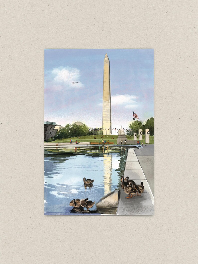 Hand-painted watercolor and pen illustration postcard of The Washington Monument in Washington, DC, featuring a charming duck family swimming in the Reflecting Pool. A whimsical and artistic postcard, perfect as a DC travel souvenir or gift for nature lovers.