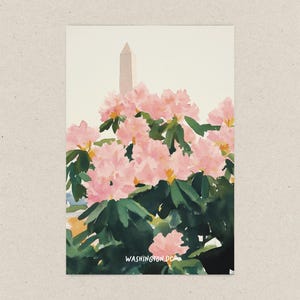 Cartolina di rododendro di Washington DC, arte floreale del monumento di Washington, fiori primaverili, regalo e souvenir unici di Washington DC, cartolina 4x6