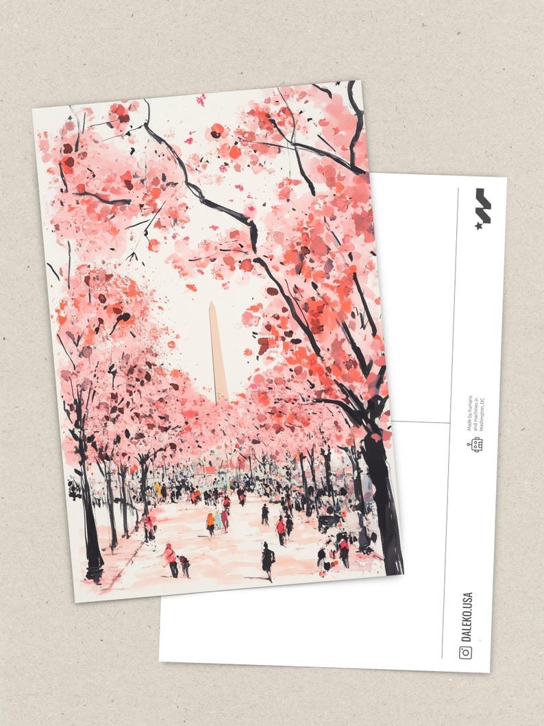 Vibrant cherry blossom art postcard with The Washington Monument, a unique Washington DC souvenir for spring lovers, cherry blossom postcard perfect for gifts or decor